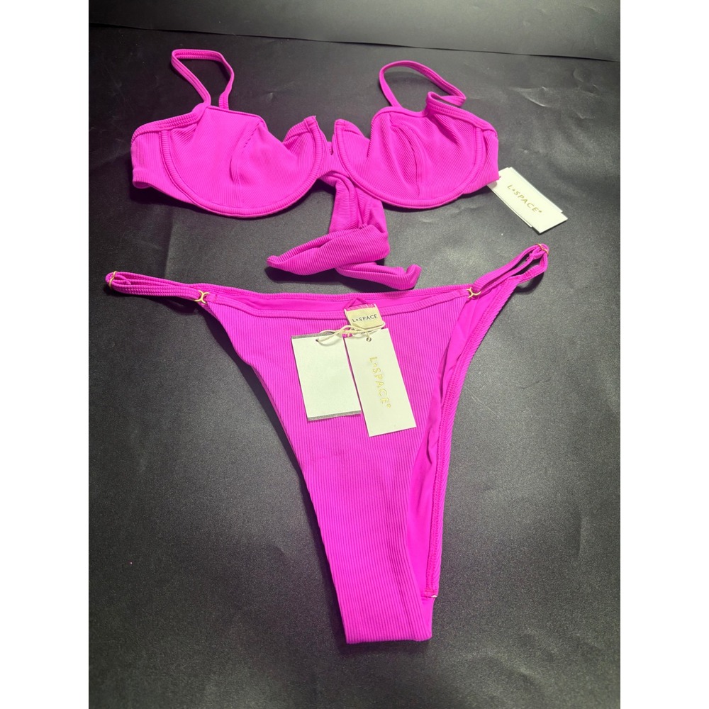 L*Space Pink Ribbed Bikini Set Hunter Underwire Top Remi Bitsy Bottom Large NEW